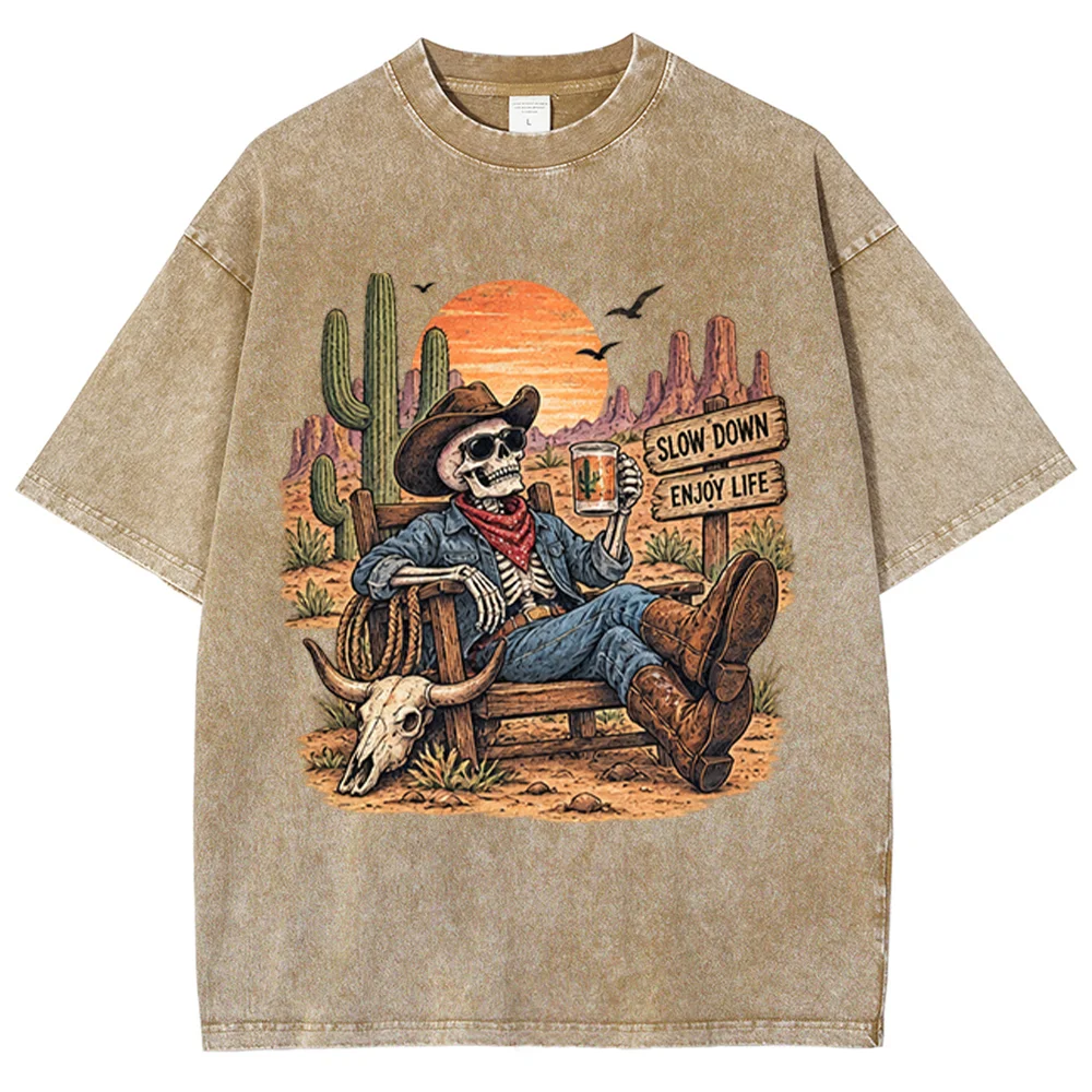 Men T Shirt Vintage Western Skeleton Cowboy Graphic Slow Down Enjoy Life Desert Cactus Short Sleeve Loose Cotton Tops