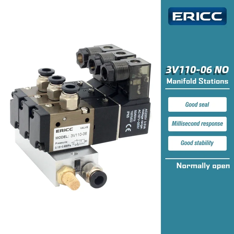 3V110-06-NO Normally Open Manifold Stations DC 12v 24v AC 110v 220v with Silencer Fitting 3 port 2 position solenoid valve