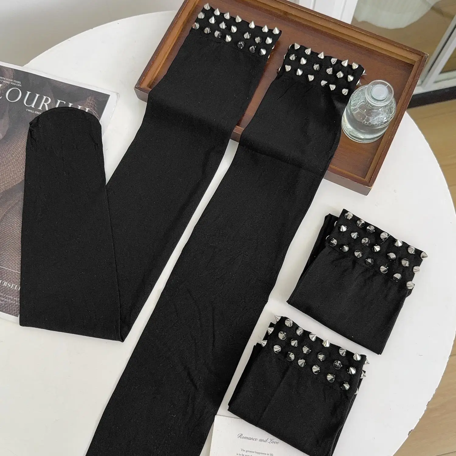 Sexy Black Rivet Socks Y2K Over Knee High Stockings Punk Subculture Slimming Leggings Festival Party Clubwear Long Tube Socks view 6