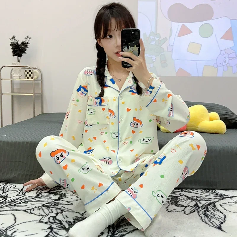 

7XL 150kg Plus Size Long Sleeve Pajama Set Women's Autumn Homewear Cardigan Trousers Suit Cartoon Print Loungewear 2 Pieces PJs