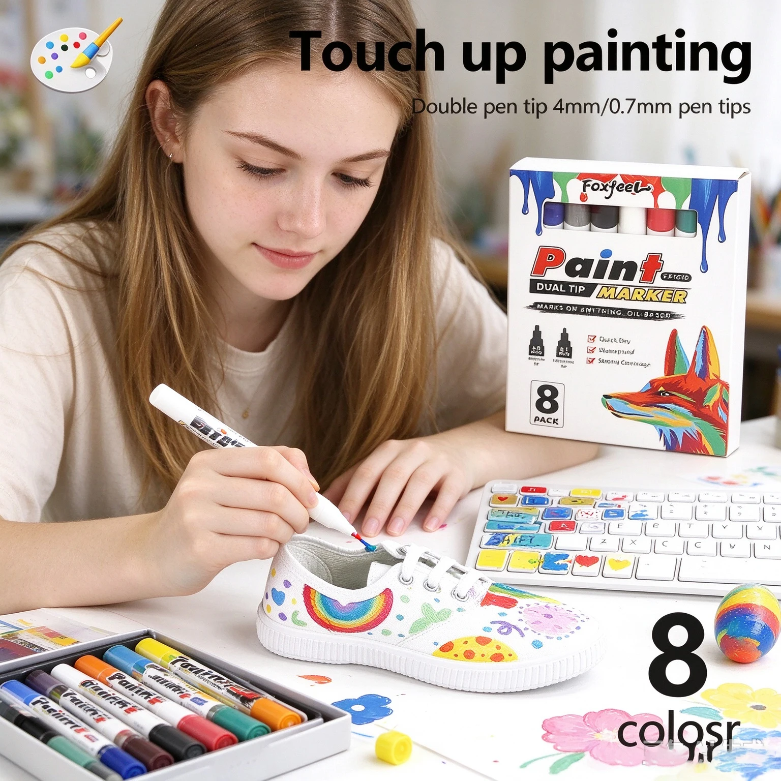 8 Colors Dual‑Nib Paint Marker Pens, Permanent Metallic Gold Silver Markers for DIY Touch‑Up, Model & School Paintin