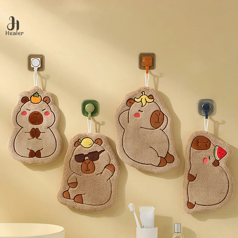 Cartoon Hand Towel Cute Capybara Hanging Towel Kitchen Bathroom Face Washcloth Guinea Pig Coral Fleece Quick Drying Towel