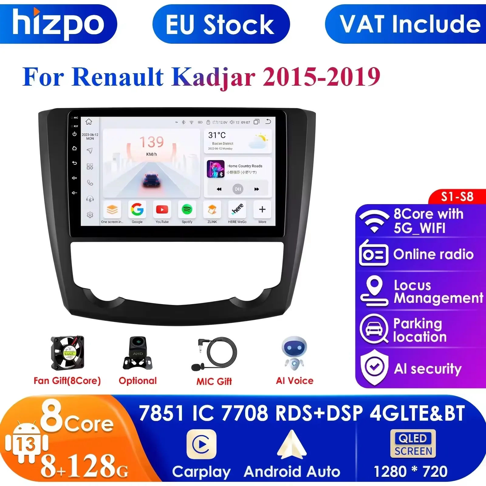 Hizpo 9inch QLED Screen 2din Android Car Radio Multimedia Video Player for Renault Kadjar 2015-2019 GPS Carplay Auto 4G RDS AI