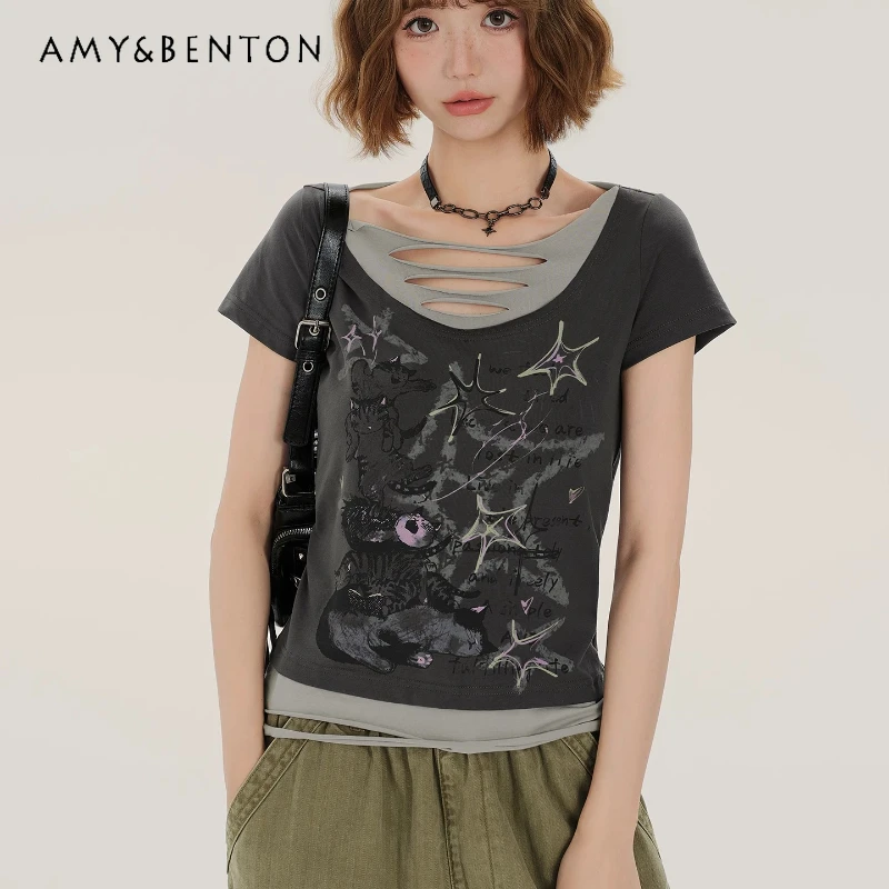 

American Retro Graffiti Print Color Block Women's Short Sleeve T-Shirt 2025 Summer New Sweet Slimming Versatile T-Shirts Ladies