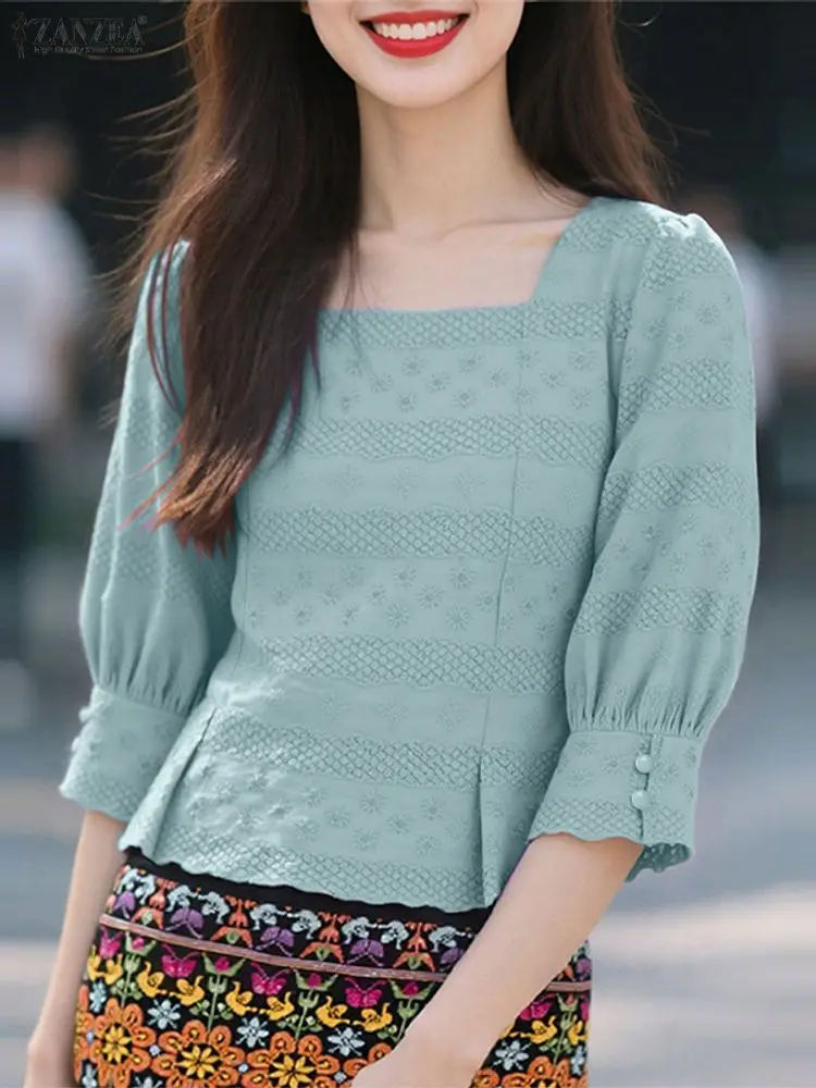 2025 mulheres elegante blusa bordada zanzea outono rendas retalhos camisa pescoço quadrado manga longa blusas de trabalho casual femme