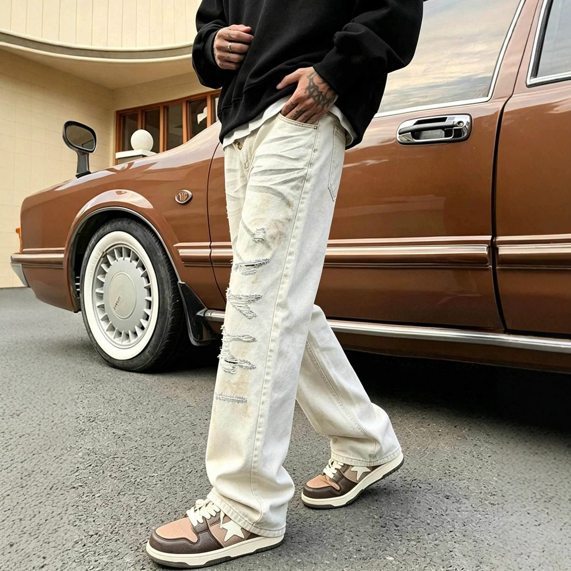 2026 Men Apricot Solid Color Simple Basic Casual Trendy Daily Hole Patched Straight Denim Trousers Four Seasons Male Jeans Pants