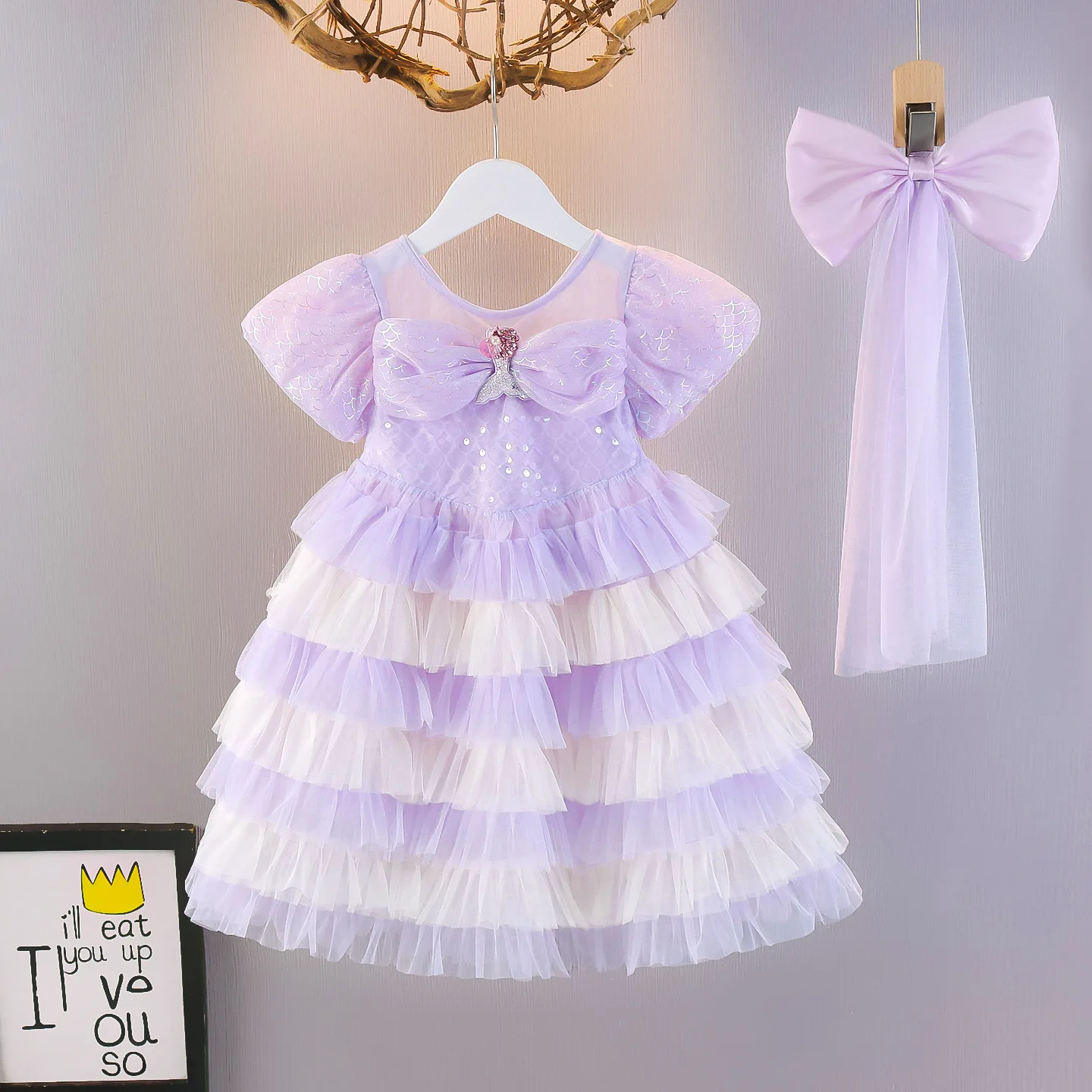 Mermaid Girl Dress Toddler Baby Princess Dress Mesh Tiered Ruffle Tulle Tutu Ball Gown with Headwear Bow Birthday Party Costume