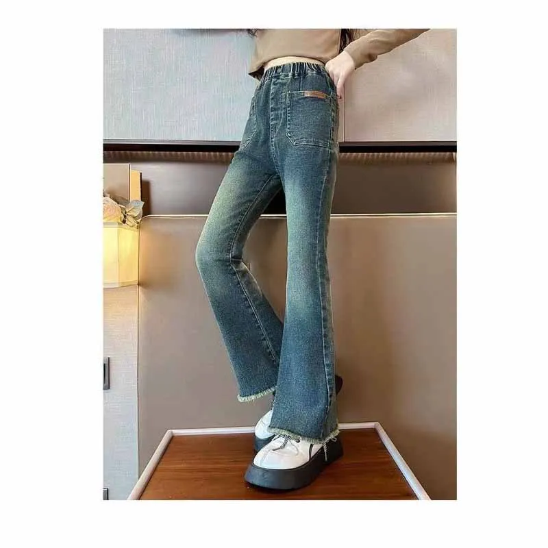 Girls Autumn Jeans Children Slim Retro La Letter Flare Pants Spring New Children Solid Colour Elastic Trousers 4-12 Years Old