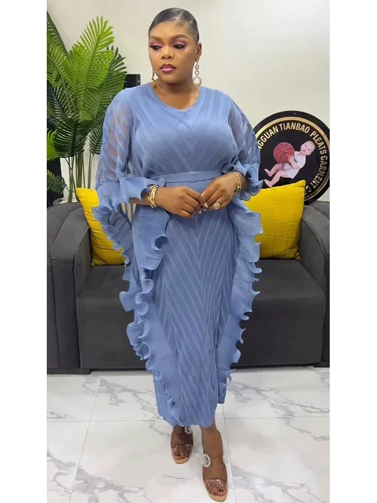 

Ruffles Pleated Dress Women V Neck Hanging Loose Style Dresses with Belt Female Elegant Clothing Spring 2025 New Hot Sales