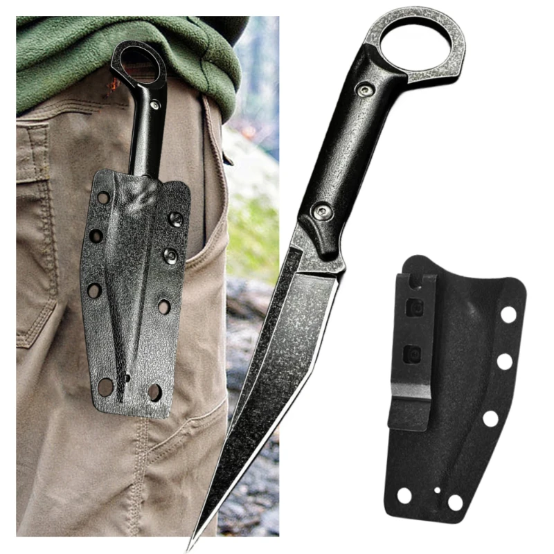 portable multi-purpose outdoor straight knife + K sheath, jungle survival EDC knife, self-defense, camping fixed blade knife