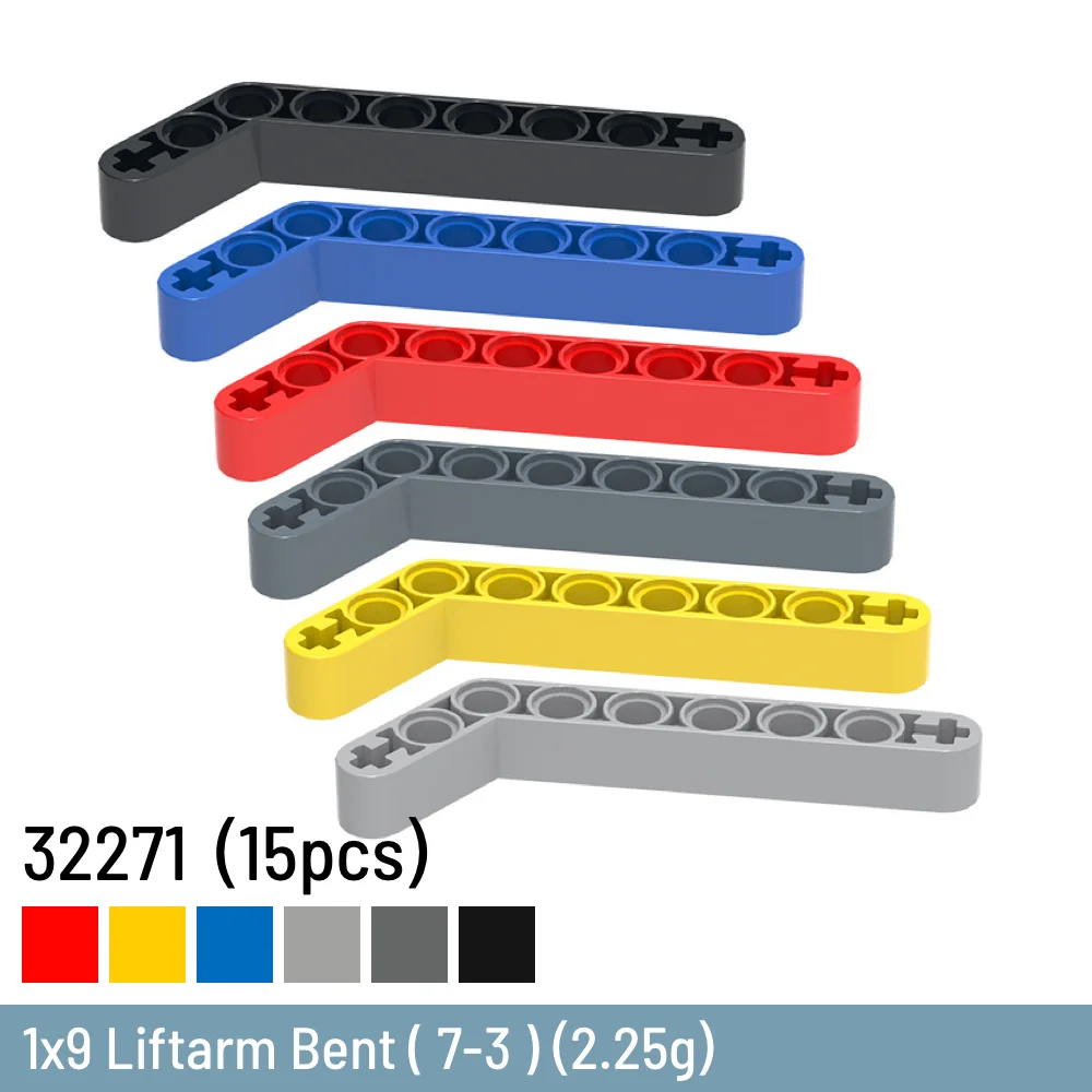 15 sztuk/partia DIY klocki 1x9 Liftarm gięte (7-3) rozmiar kompatybilny z 32271 ceglanymi plastikowymi zabawkami dla dzieci