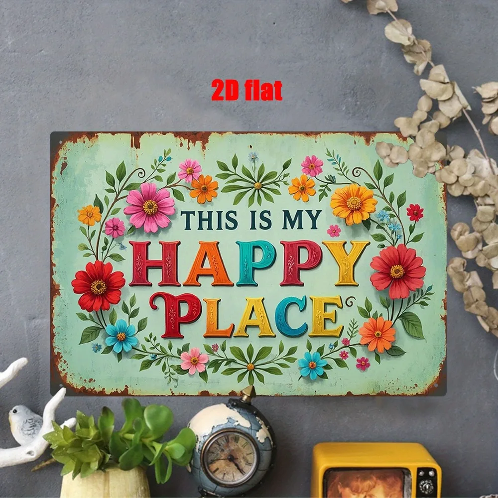 Vintage Floral Happy Place Metall-Blechschild, 20 x 30 cm, Mintgrün, rustikale Wanddekoration, Aluminium-Plakette, für Zuhause, Garten, Café