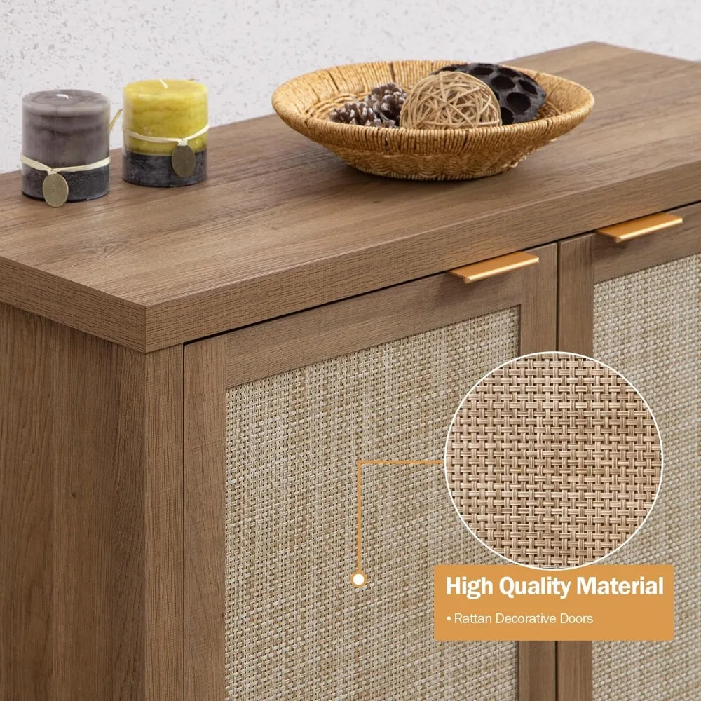 Sideboard Buffets Storage Cabinet Boho Kitchen Coffee Bar Cabinet with Rattan Decorated Door Farmhouse Chest Console Table Oak