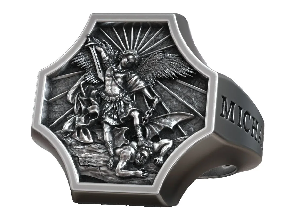 

14g Archangel Michael Defeating Satan Basrelief Mens Rings Artistic Customized 925 SOLID STERLING SILVER Many Sizes 6-13