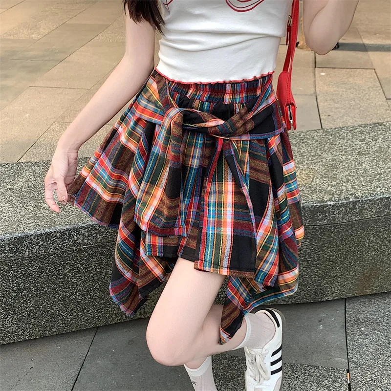 High Waist Irregular Design Plaid Skirts Women Summer Lace-up A-line Short Skirt Korean Style High Street Versatile Skirt Female