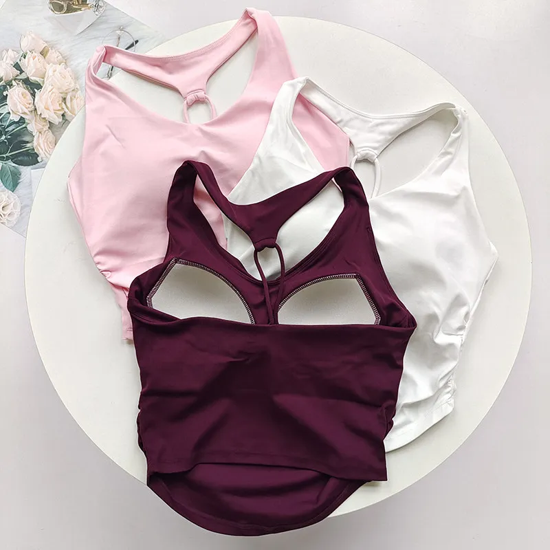 Ladies Magenta Purple Halter Hollow Sports Vest Fixed Cup Shockproof Running Pilates Yoga Top