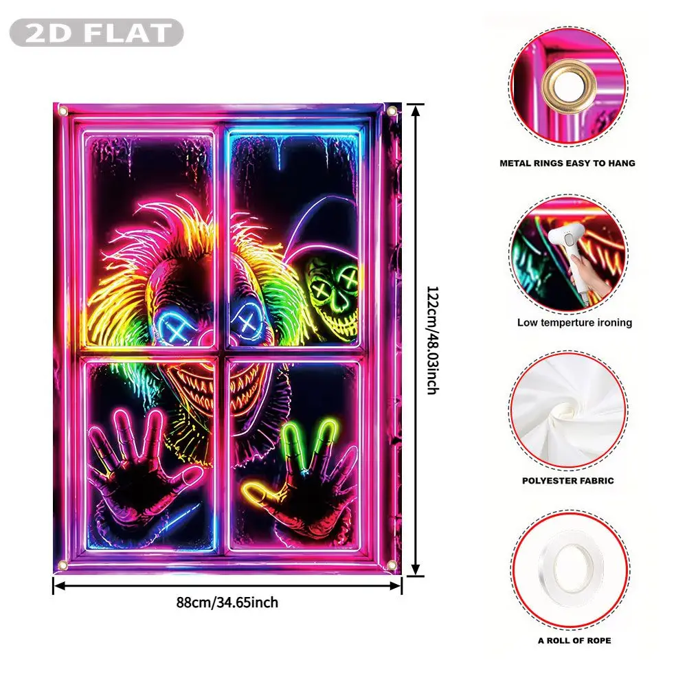 2D FLAT 1pc Party Window Cover Banner, with Neon Clown Face Pressing Against Window Pane, No Power Need Home Decor