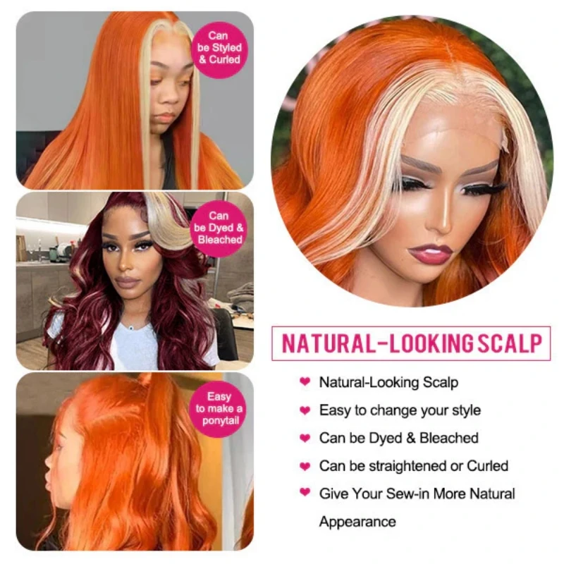 Perruque Lace Front Wig Body Wave naturelle, cheveux humains, 30 pouces, 13x4, 13x6, pre-plucked, couleur orange, pour femmes