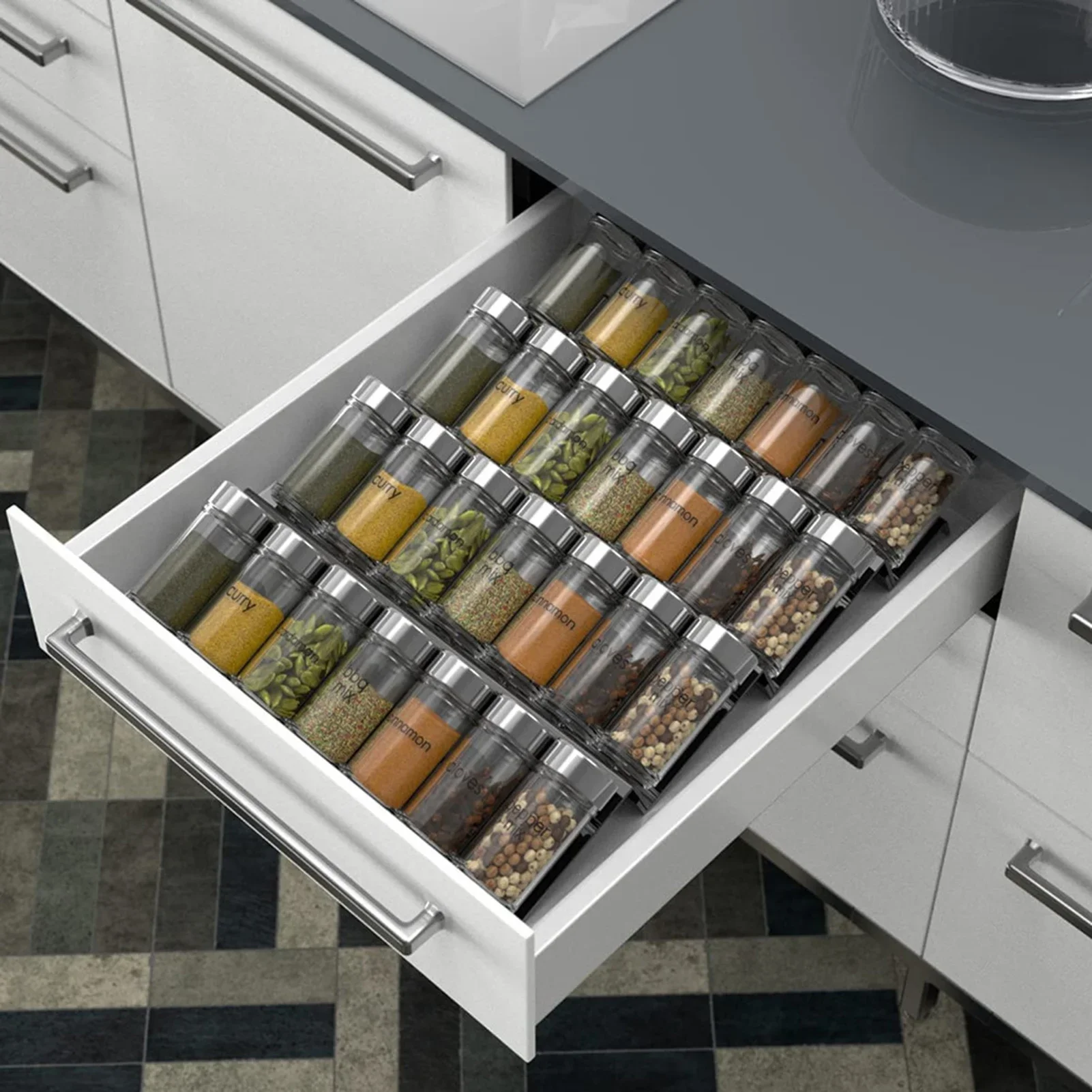 4 Layer Spice Drawer Organizer Adjustable  Seasoning Organizer Acrylic Spice Jars Rack Tray Expandable Cabinet Kitchen Shelves