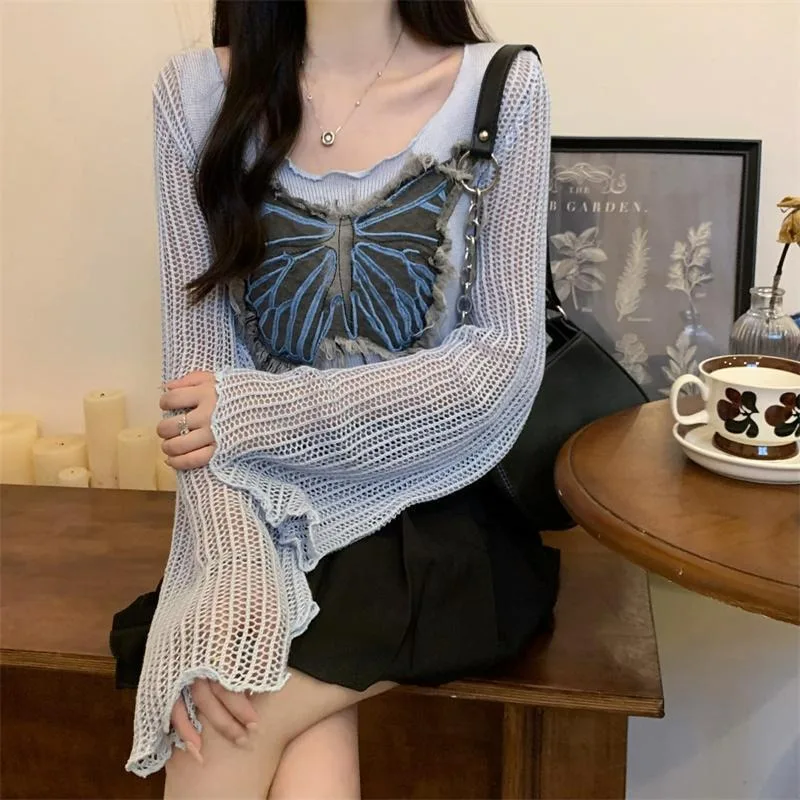 2024 Autumn New Sweet Cool Spice Girl Butterfly Knitted Fungus Edge Flare Sleeve Hollow Out Pullover Niche Short Chic Top