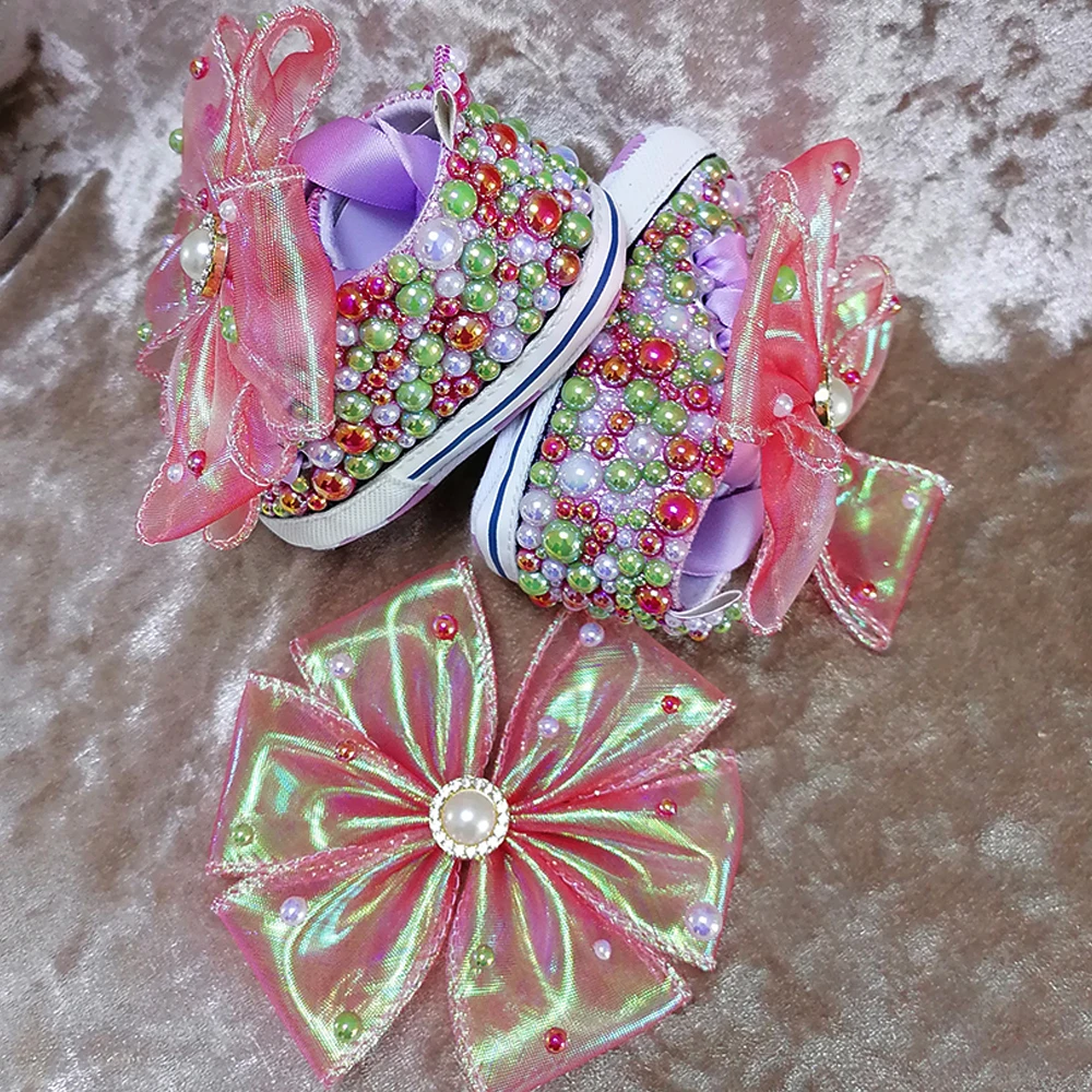 Handmade Bow Pearl Rhinestones Baby Girls Shoes Hairband First Walker Sparkle Christmas Mermaid Crystals Princess Shoes Shower