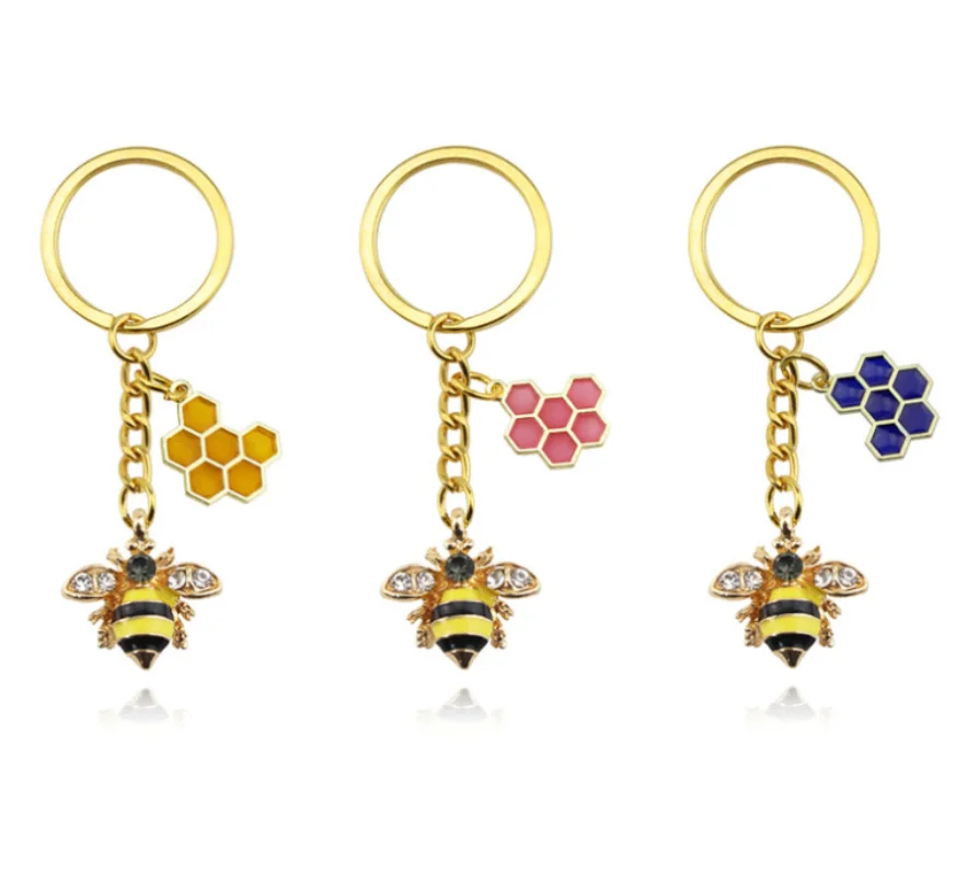 1Pc Cute Women Hexagon Honeycomb Drip Oil Rhinestone Bee Keychain Couple Insect Key Ring Bag Ornament Accessories