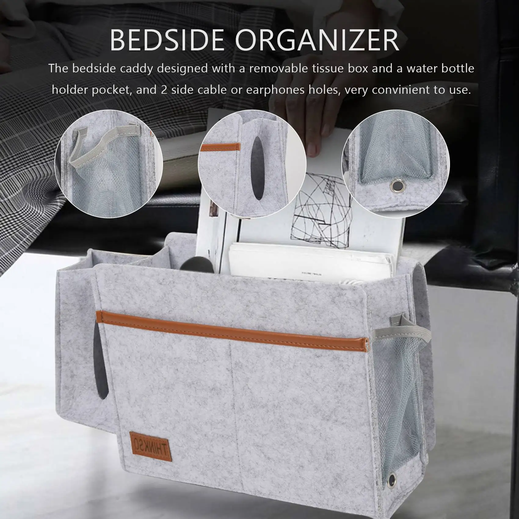 BUY A813ZBedside Organizer, Felt Bed Storage with Tissue Box and Water Bottle Holder, Magazine Phone Tablet - Light Gray