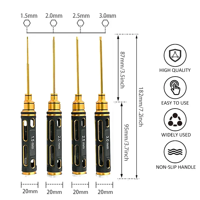 RS RC 4pcs/set Titanium Plating 1.5/2.0/2.5/3.0mm Hexagon Screwdriver Screw Driver Tool Kit For Rc Model Car Boat Airplane