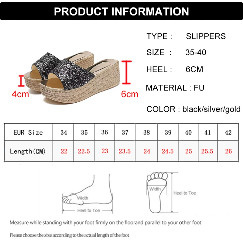 Lucyever Gold Silver Sequins Wedges Slippers for Women 2023 Summer Open Toe Platform Sandals Woman High Heels Slides Ladies 40