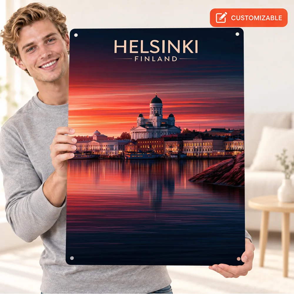 Helsinki Finland Sunset Aluminum Poster Bold Contemporary Illustration Bedroom Wall Art Personalized Metal Sign Collector Gift