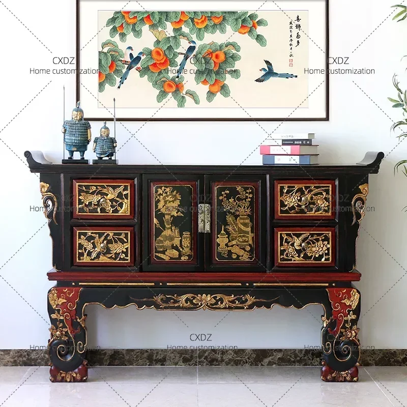 Ming Qing Neoclassical Solid Wood Carved Flower Warping Head Case Chinese Retro Hand Painted Gold Storage Entrance Hall
