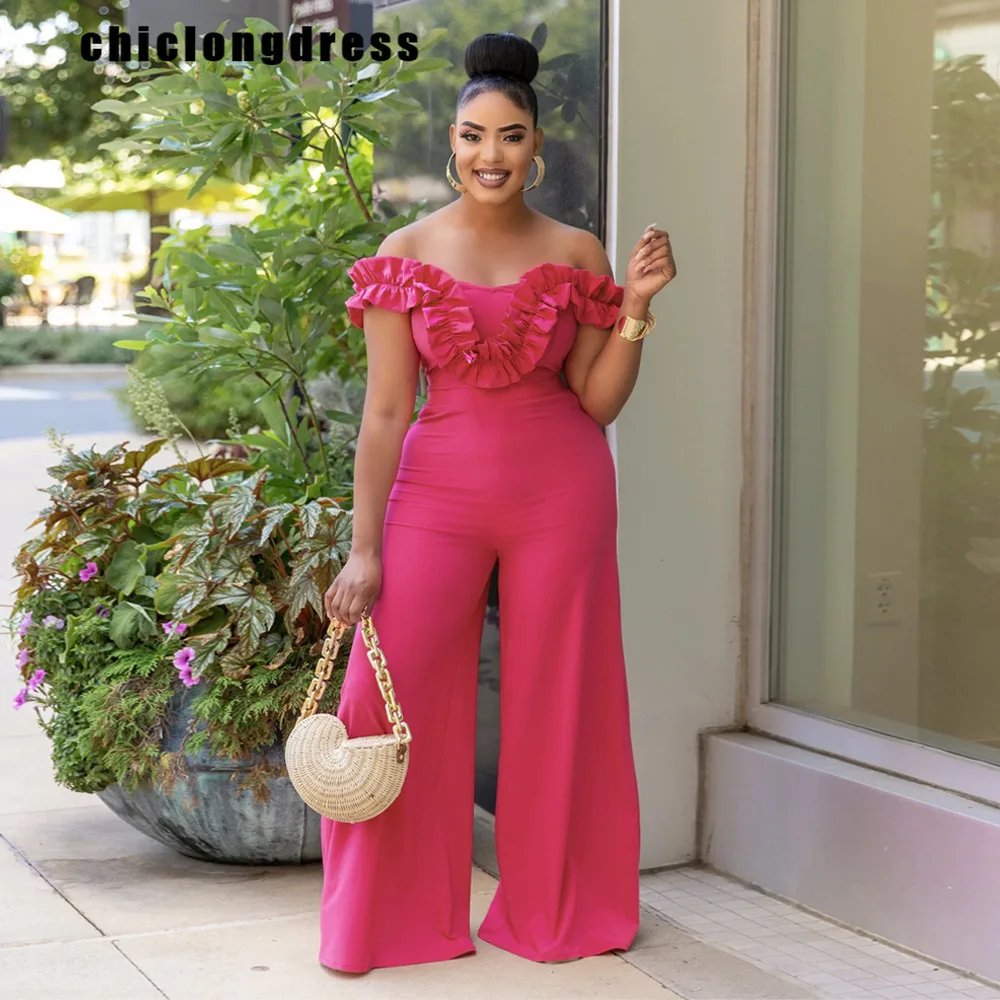 Autumn Elegant Off Shoulder Wide Leg Jumpsuit Women Fashion Slash Neck Ruffle Short Sleeved High Waisted Wide Leg Jumpsuit Women