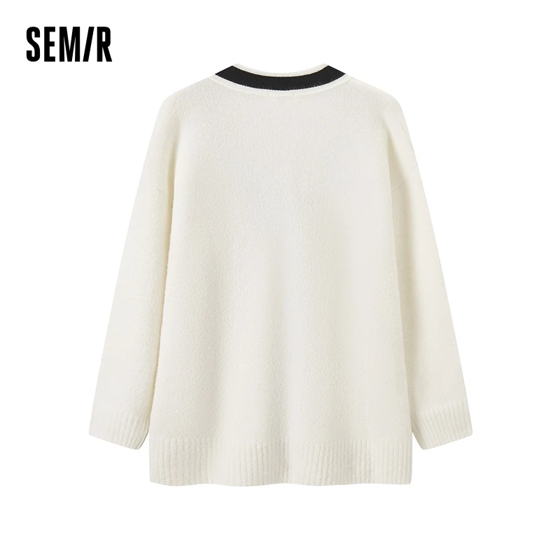 Semir Knit Cardigan Women Mid-Length Contrast Color V-Neck 2024 New Winter Loose Temperament Sweater