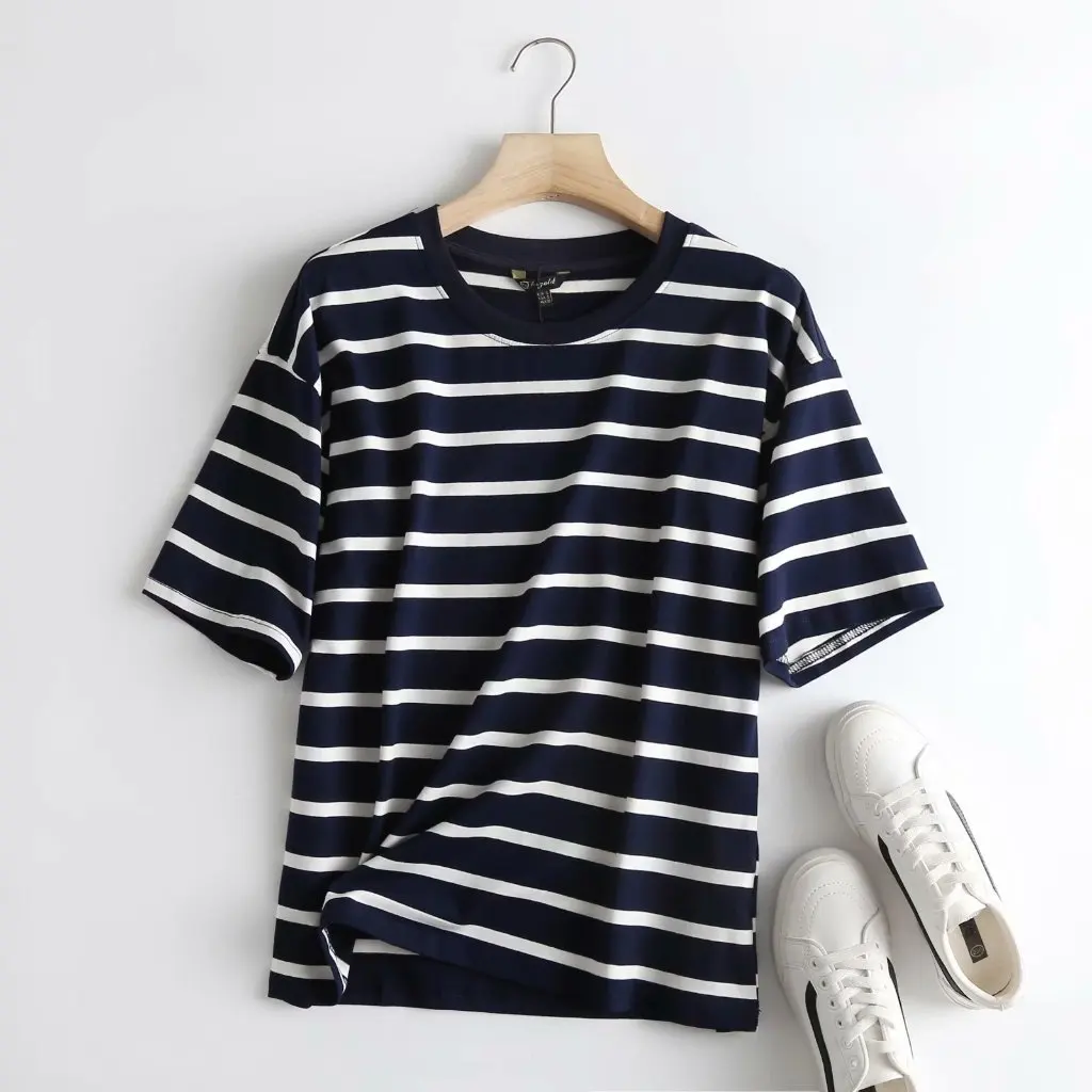 

Korean Women's Striped Cotton T-Shirt 35SP-2194 Casual round Neck Short Sleeve Summer New Fashion Wholesale