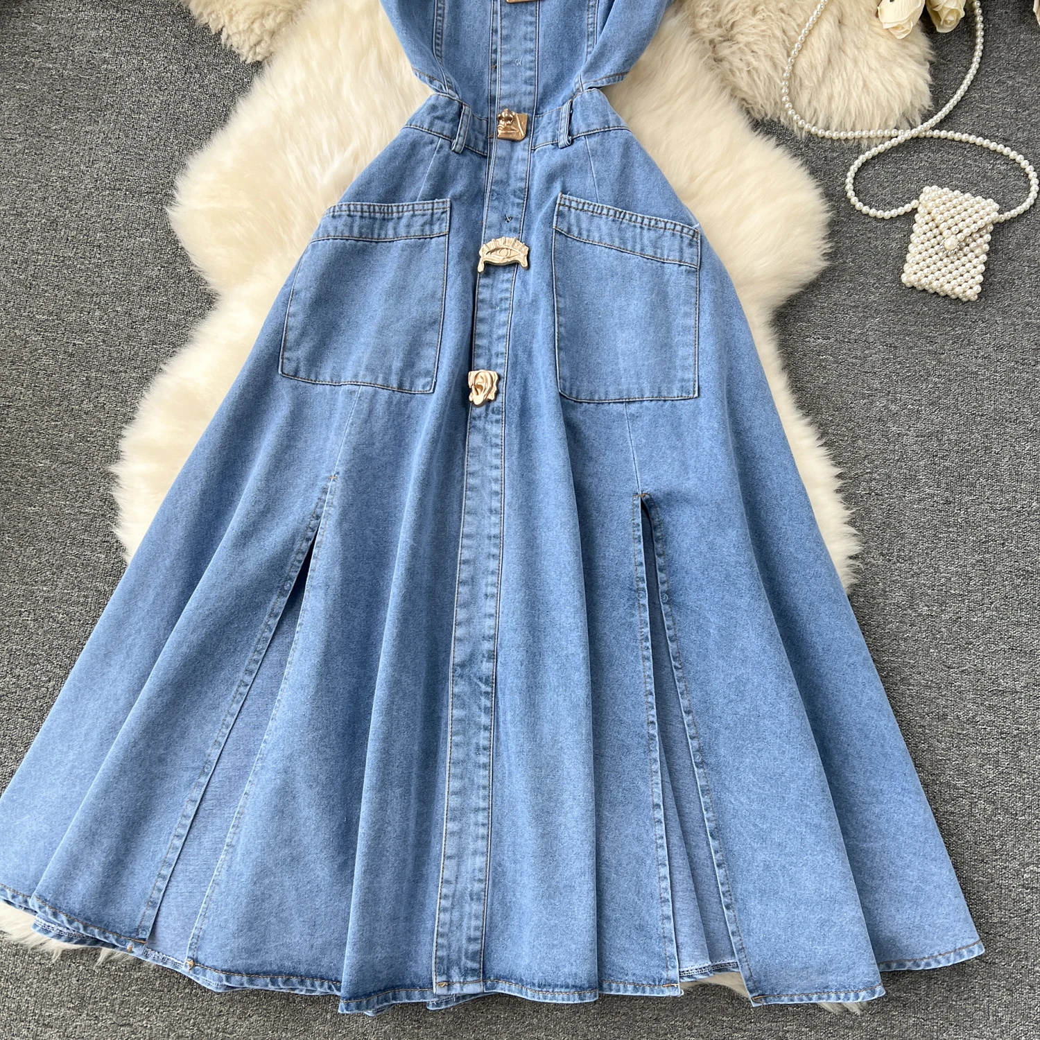 Designer DENIM ชุดผู้หญิงชุดยาวเดี่ยว Big Turn-Down COLLAR เอวกระชับสัดส่วนแยก A-Line Vestidos