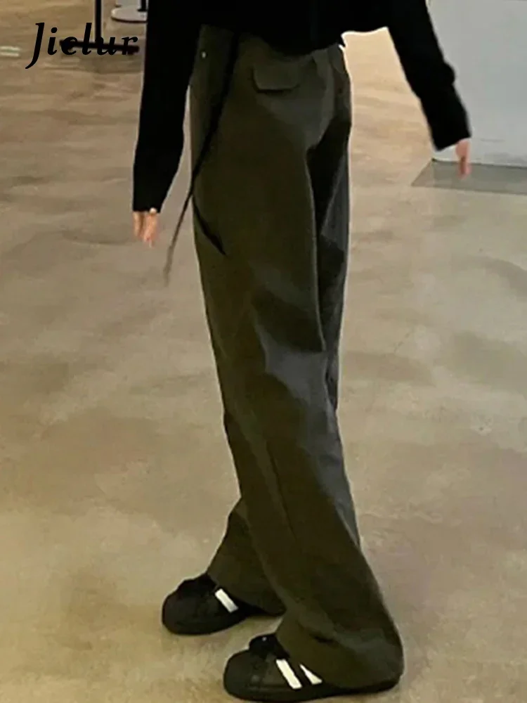 Jielur Style américain décontracté taille haute vert femmes Cargo pantalon été couleur unie droite mince ample femme jambe large pantalon