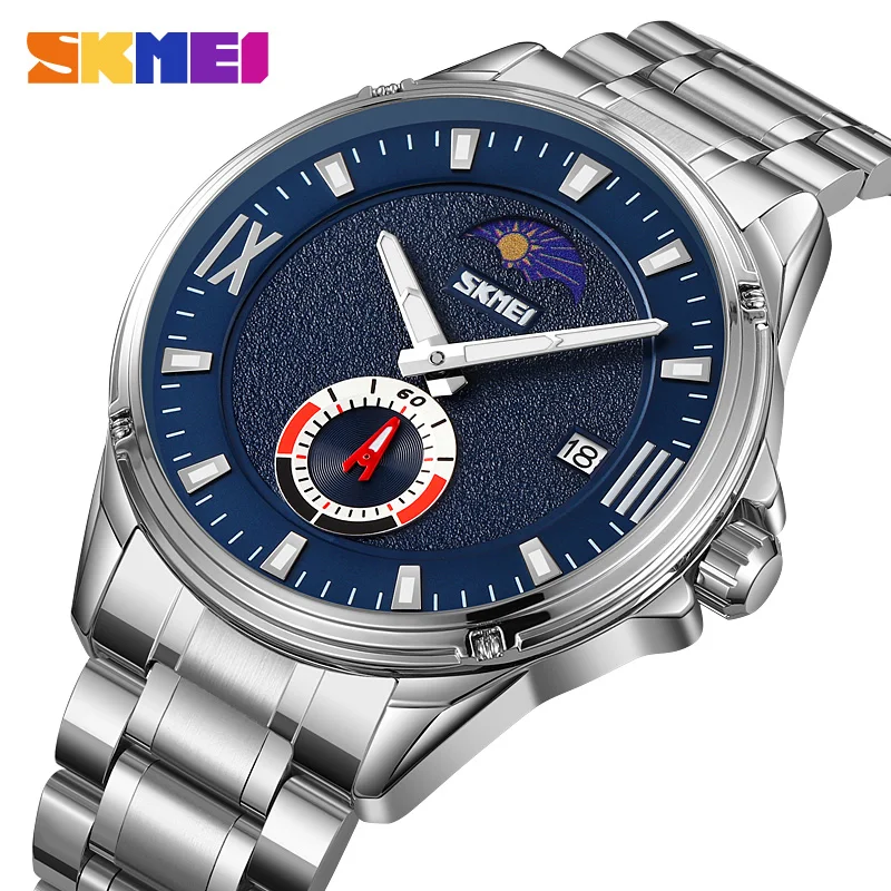 SKMEI New Moon Phase Men's Man Watches Quartz Mens Lxury Full Steel Wristwatches For Men Waterproof Date Clcok Reloj Hombre