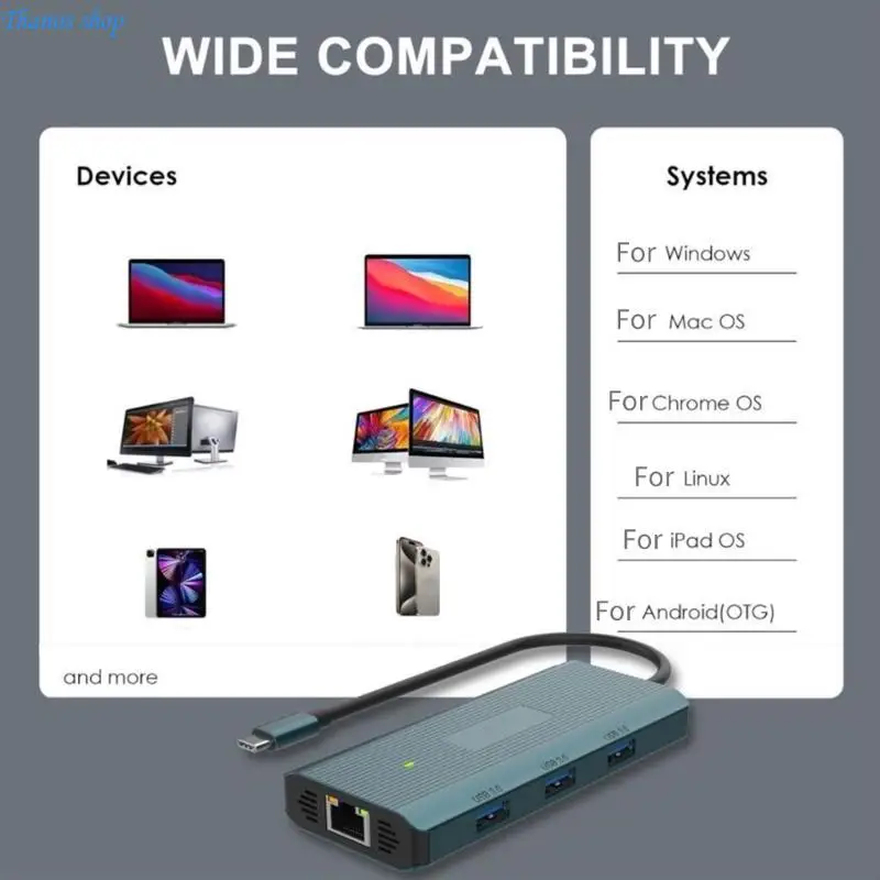 USB C Docking Station 9 Ports Multi functional with 1000M Ethernet, 3 USB, 4K30Hz HDTV, Card Reader PD100W Charging X37A