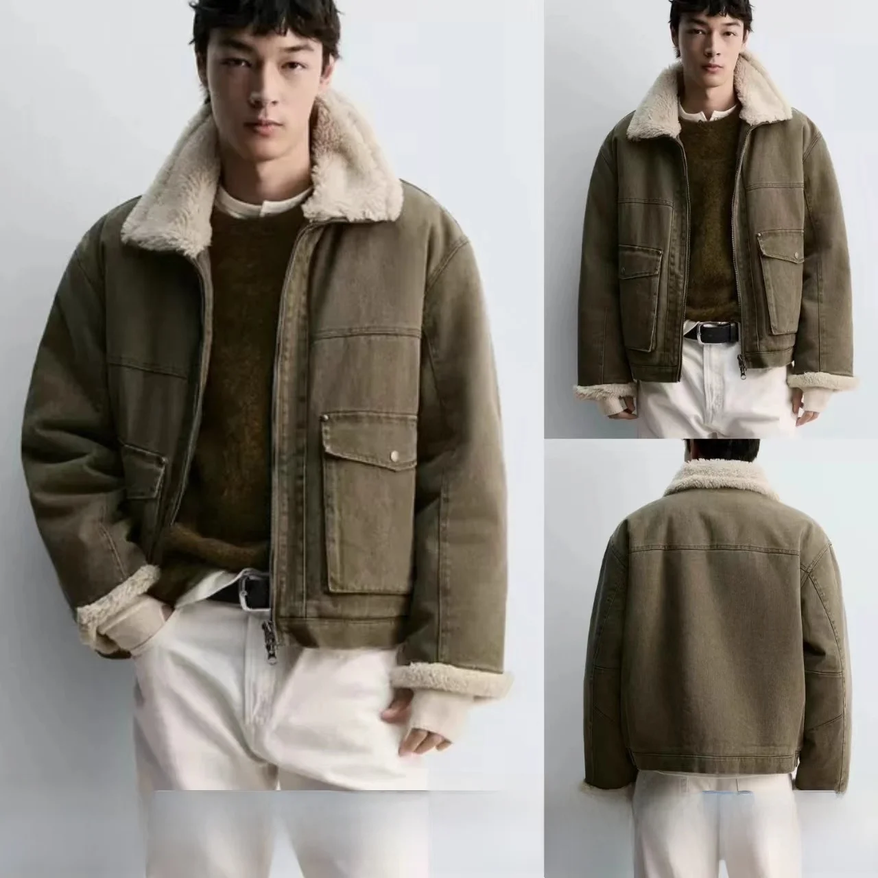 

Новая мужская двусторонняя хлопковая куртка с подкладкой из овечьего меха, свободного кроя, из денима, повседневная зимняя верхняя одежда в американском стиле на молнии