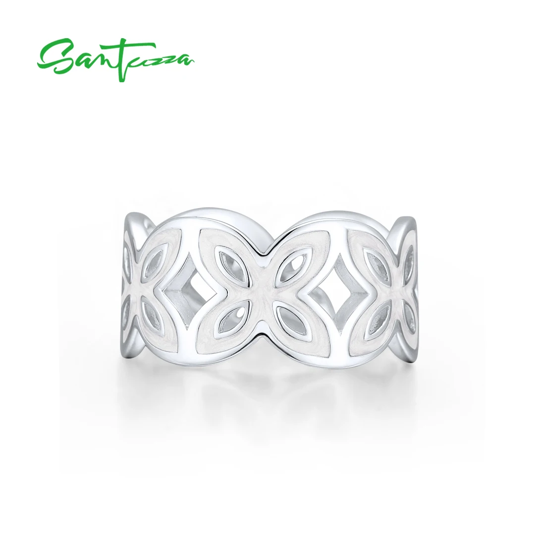 SANTUZZA Elegant Ring For Women Glamorous White Enamel Flower Hollow Rings Trendy Fashion Jewelry