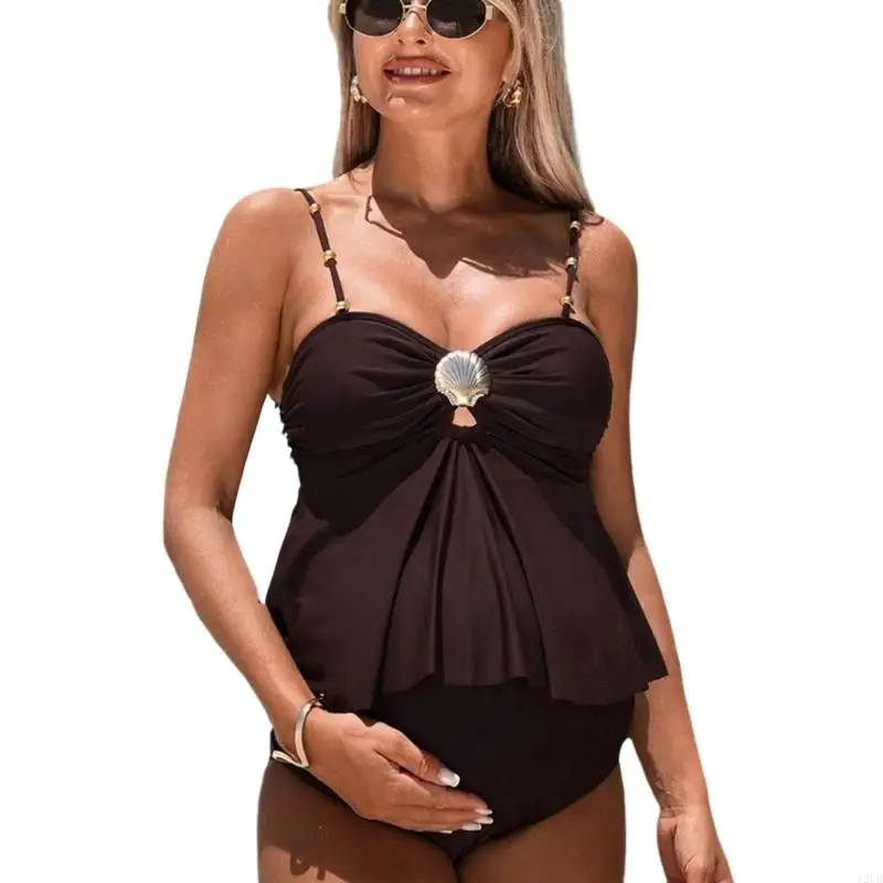 Damen-Badeanzug, hohe Taille, stützendes geteiltes Badeoberteil, Badehose für schwangere Damen, Badeoutfit aus dehnbarem Stoff – Detail 1