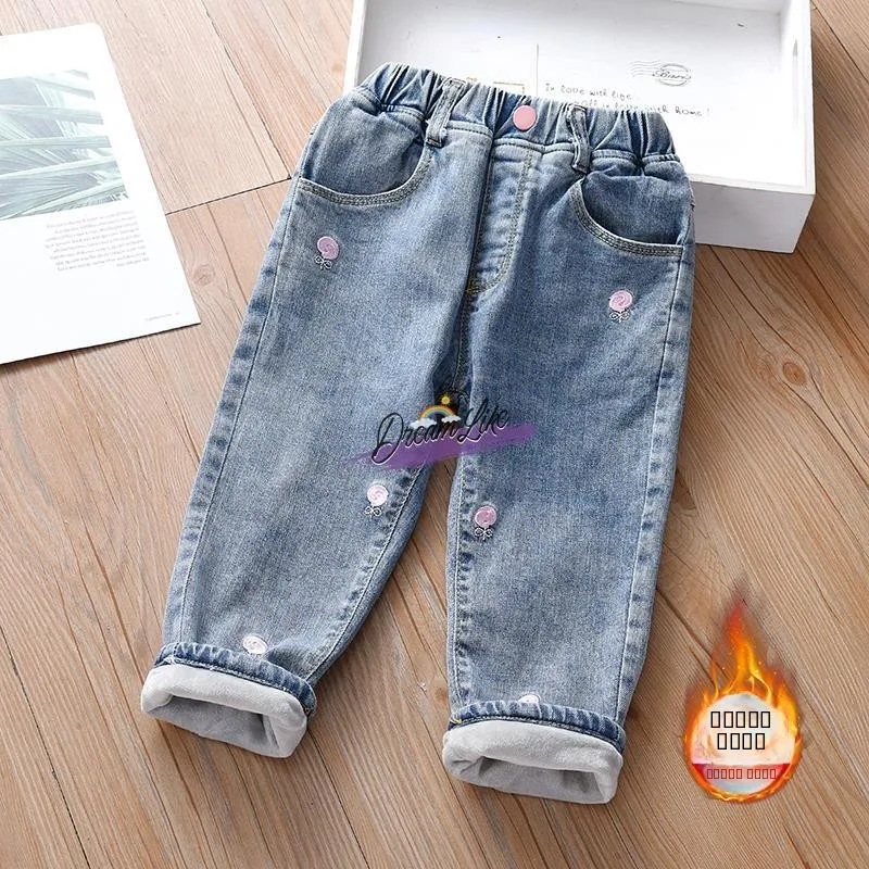 

Джинсы для девочек на флисовой подкладке, осенне-зимняя одежда, детская верхняя одежда, модная детская одежда, школьная форма из полиэфирного волокна