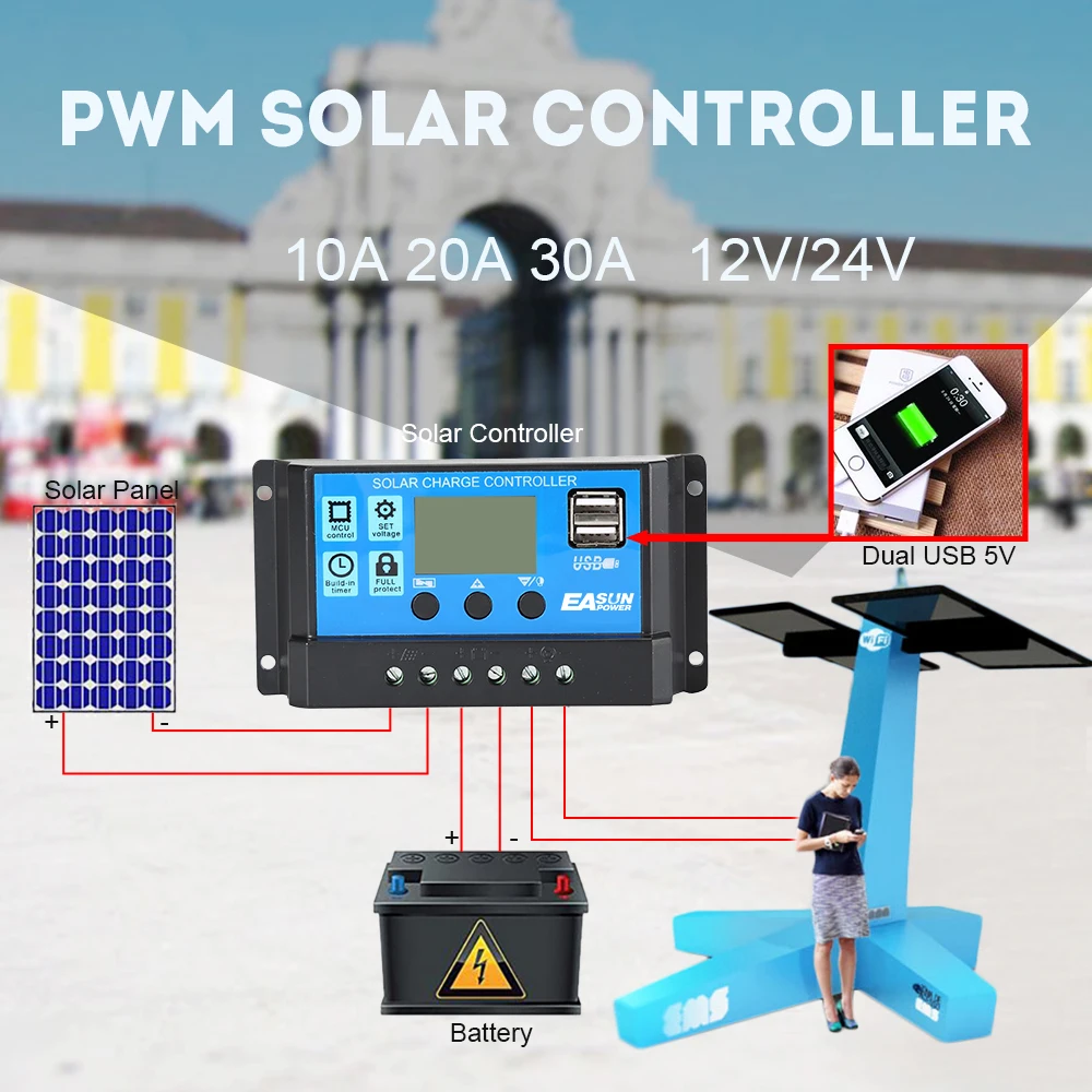 EASUN POWER Solar Controller  12V/24V LCD Display Dual USB 5V Output  60A 50A 40A 30A 20A 10A Solar Regulator PWM Battery Charge