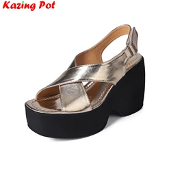 Krazing Pot High Quality Summer Shoes Office Lady Super High Thick Bottom Concise Party Luxury Casual Platform Women Sandals