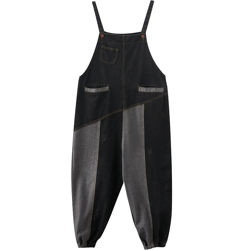 Retro Kolorowe Ogrodniczki Jeansowe Damskie Jesienno-Zimowe Luźne Wyszczuplające Kombinezony z Szerokimi Nogawkami Modne Spodnie z Wysokim Stanem Długie Spodnie