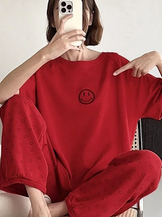 

plus Size Comfortable Sleepwear Set with Print Short Sleeve Long Pants for Home And Casual Wear Sweet Cute Style Summe...