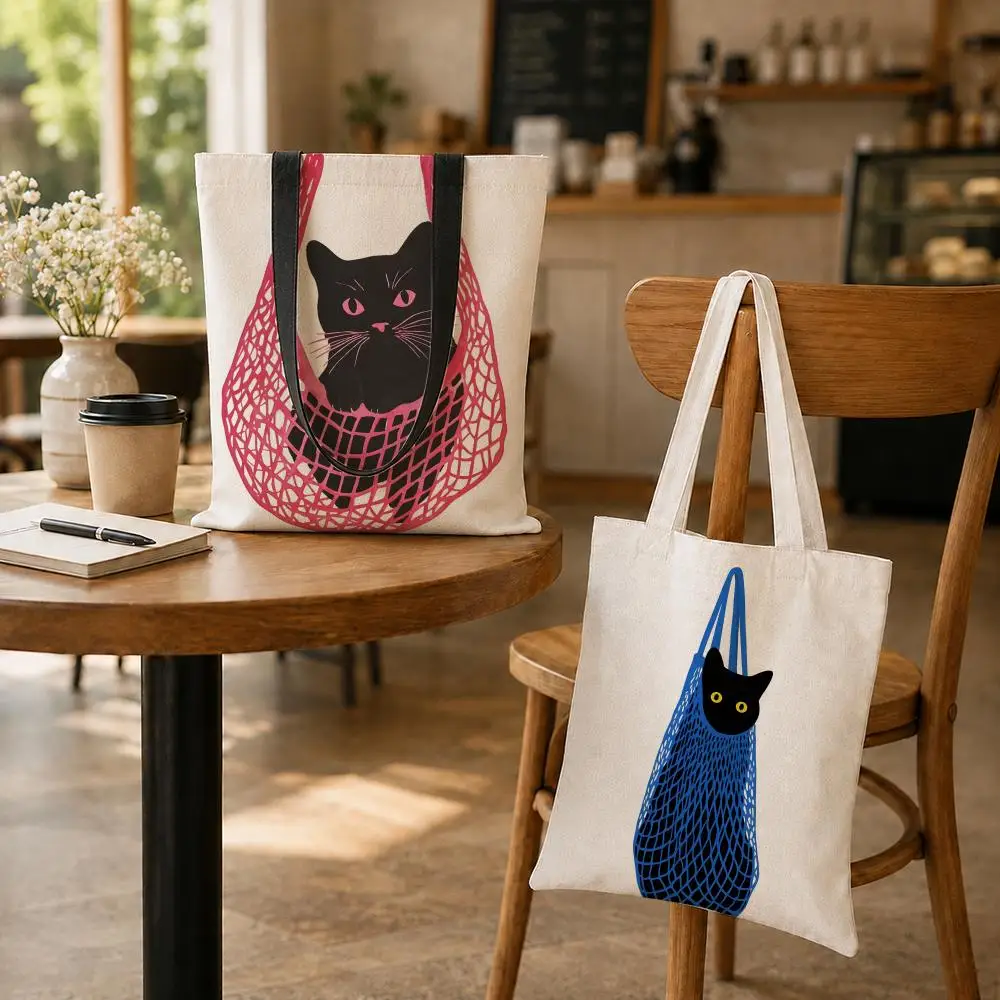 Character B-Black Cat in Mesh Bag Storage Bags Reusable Fashion Aesthetic Unique Shopping Bag Large Capacity Canvas Tote Bag