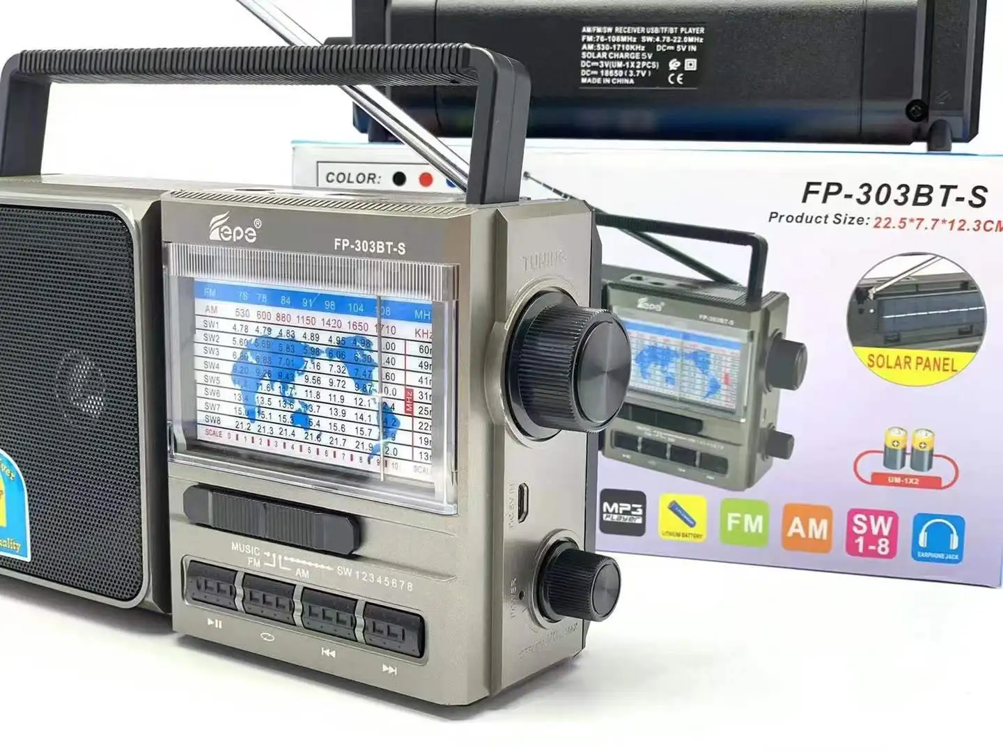 FP-303BT-S New Rechargeable Solar Radio Portable Handle Fm Am All Bands Outdoor Entertainment Wireless Radiogram Support Usb Bt