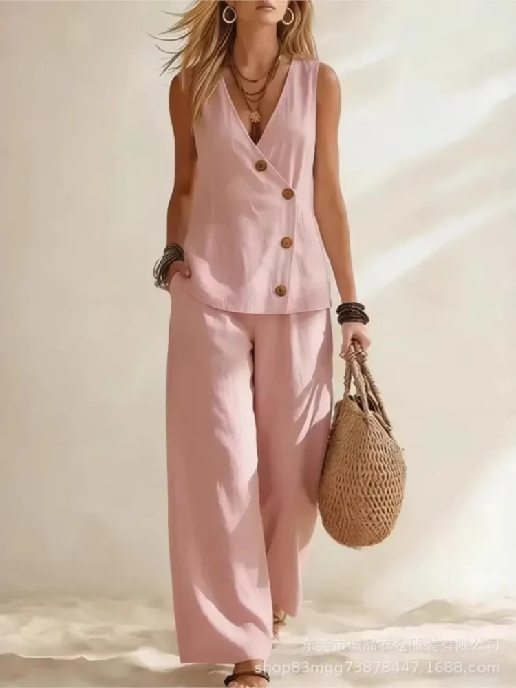 Fashion Deep V-neck Sleeveless Women Summer Trousers Suit Vest Button Vacation Simple Loose Wide-leg Trousers 2 Piece Set Female - view 5