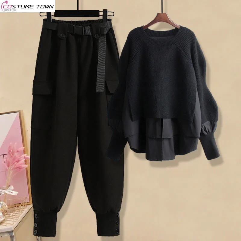 Oversize Women's Autumn Set 2024 New Loose Fake Two piece Knitted Sweater Work pants Two piece Set Trendy